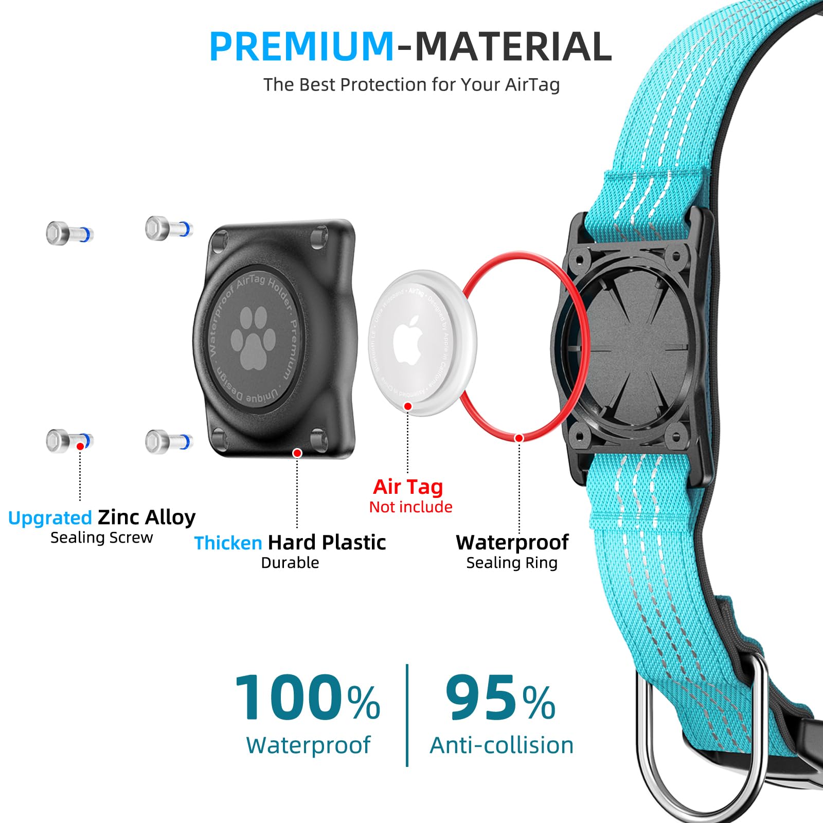 Furrigo Upgraded AirTag Dog Collar Holder - IP68 Waterproof, Reflective, Padded, Heavy Duty Nylon Collar for Small Dogs (Blue, Size S)