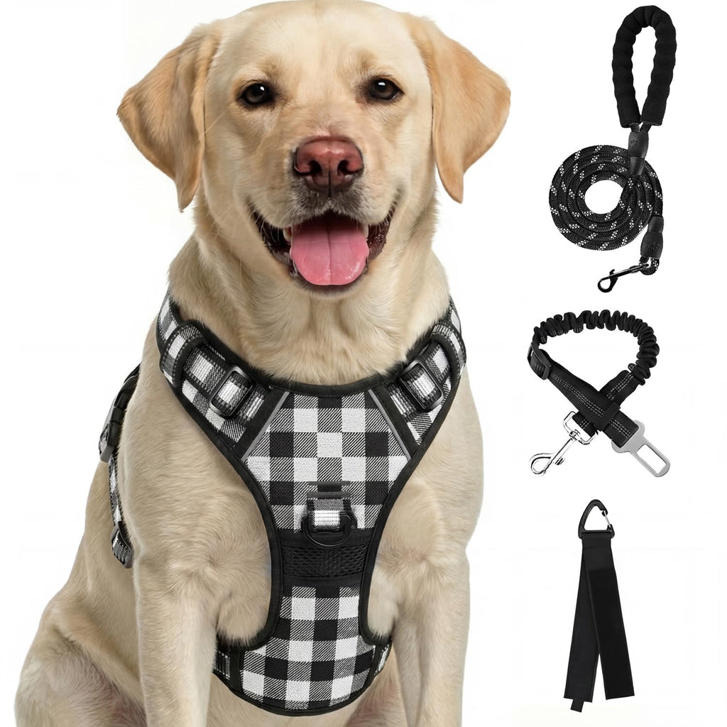 FURRYFECTION Plaid Dog Harness for Large Dogs: Reflective No-Pull Vest with Front Clip, Leash, and Car Seat Belt Clip, Black & White, Large