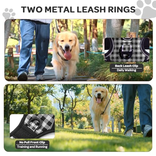 FURRYFECTION Plaid Dog Harness for Large Dogs: Reflective No-Pull Vest with Front Clip, Leash, and Car Seat Belt Clip, Black & White, Large