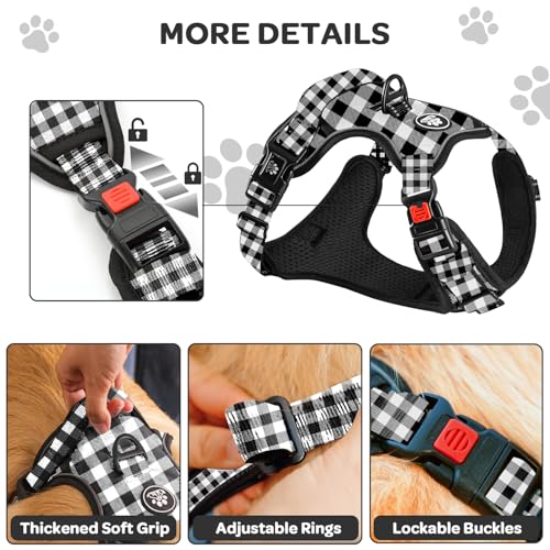 FURRYFECTION Plaid Dog Harness for Large Dogs: Reflective No-Pull Vest with Front Clip, Leash, and Car Seat Belt Clip, Black & White, Large