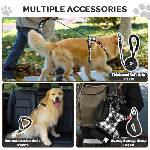 FURRYFECTION Plaid Dog Harness for Large Dogs: Reflective No-Pull Vest with Front Clip, Leash, and Car Seat Belt Clip, Black & White, Large
