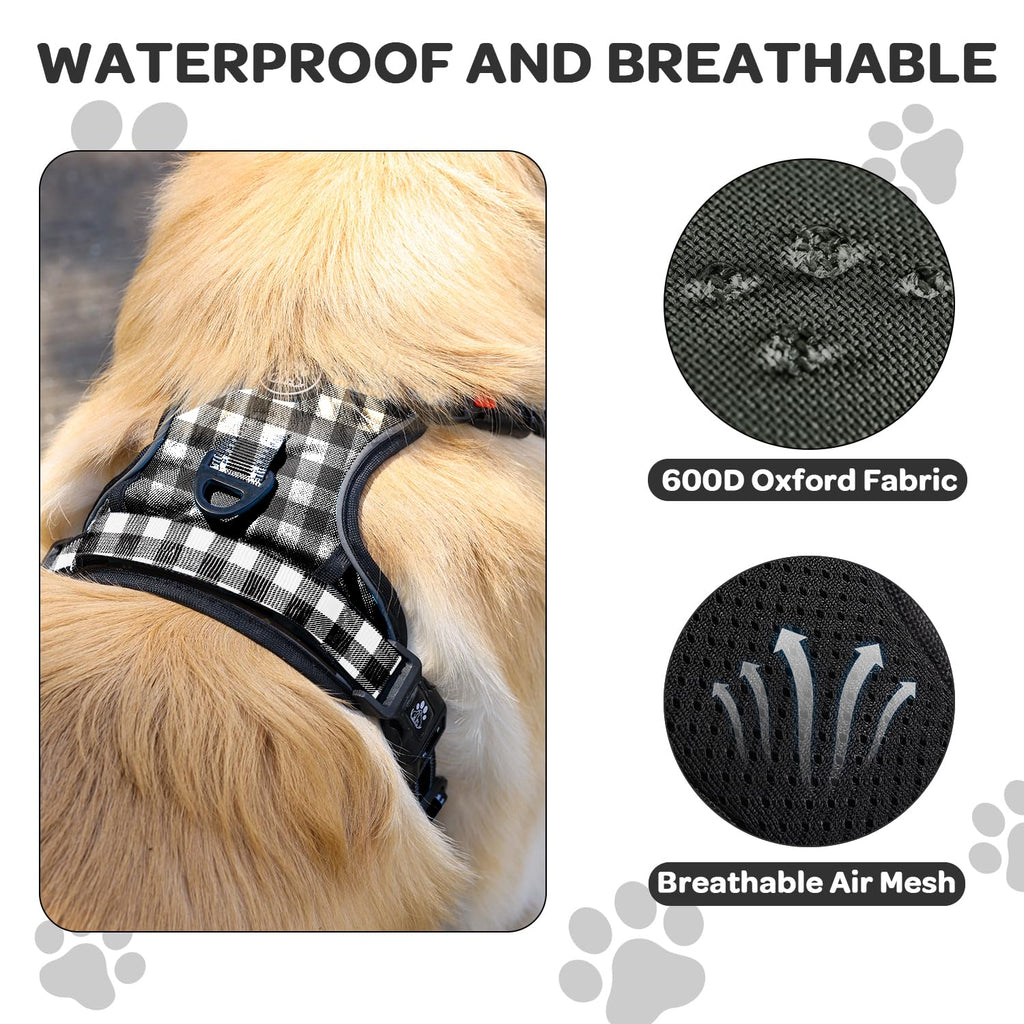 FURRYFECTION Plaid Dog Harness for Large Dogs: Reflective No-Pull Vest with Front Clip, Leash, and Car Seat Belt Clip, Black & White, Large