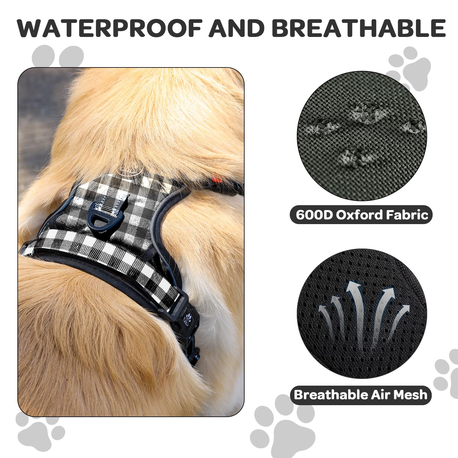 FURRYFECTION Plaid Dog Harness for Large Dogs: Reflective No-Pull Vest with Front Clip, Leash, and Car Seat Belt Clip, Black & White, Large
