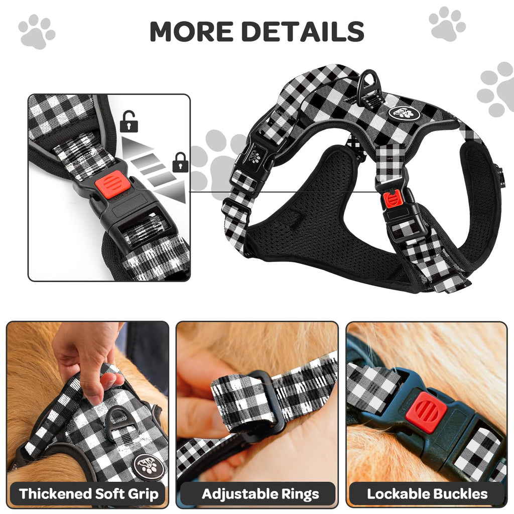 FURRYFECTION Plaid Dog Harness for Large Dogs: Reflective No-Pull Vest with Front Clip, Leash, and Car Seat Belt Clip, Black & White, Large