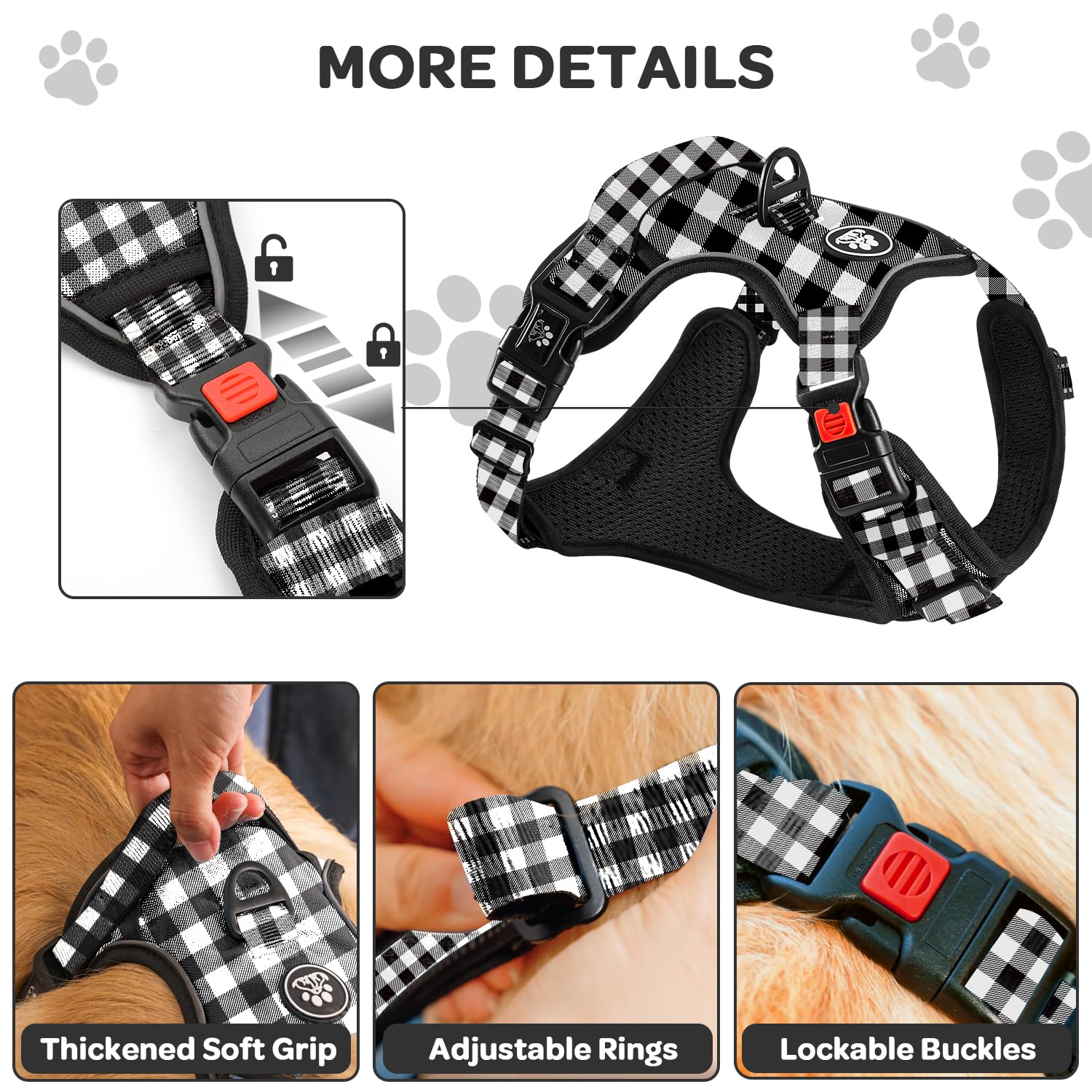 FURRYFECTION Plaid Dog Harness for Large Dogs: Reflective No-Pull Vest with Front Clip, Leash, and Car Seat Belt Clip, Black & White, Large