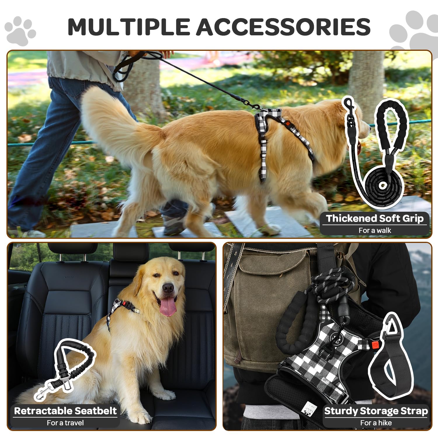 FURRYFECTION Plaid Dog Harness for Large Dogs: Reflective No-Pull Vest with Front Clip, Leash, and Car Seat Belt Clip, Black & White, Large