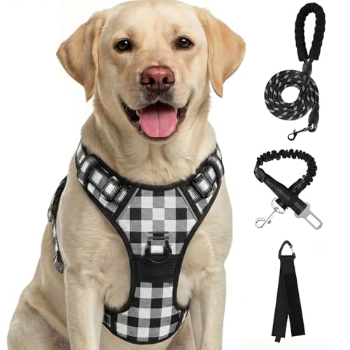FURRYFECTION Plaid Dog Harness for Large Dogs: Reflective No-Pull Vest with Front Clip, Leash, and Car Seat Belt Clip, Black & White, Large