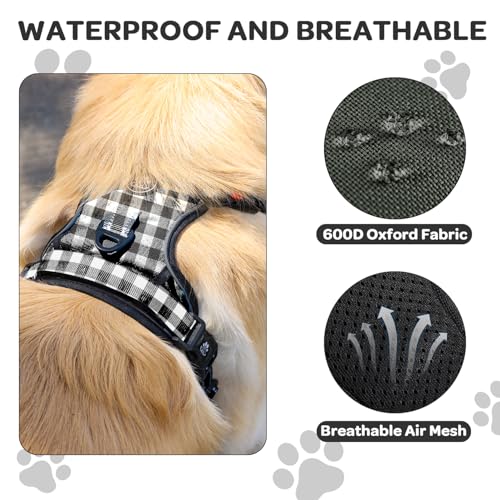 FURRYFECTION Plaid Dog Harness for Large Dogs: Reflective No-Pull Vest with Front Clip, Leash, and Car Seat Belt Clip, Black & White, Large