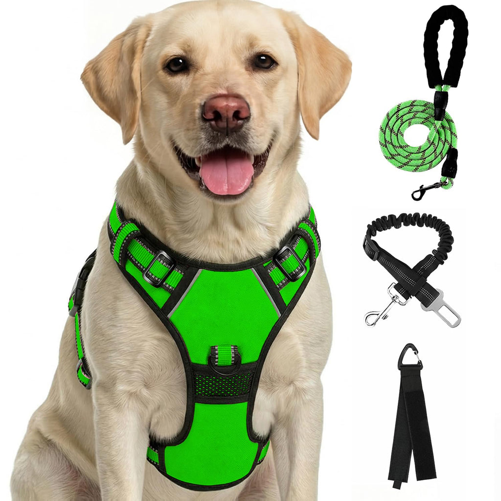 FURRYFECTION Plaid Dog Harness for Small Dogs - Reflective No Pull Vest with Front Clip and Leash (Green, S)