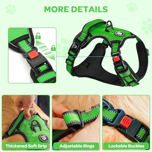 FURRYFECTION Plaid Dog Harness for Small Dogs - Reflective No Pull Vest with Front Clip and Leash (Green, S)