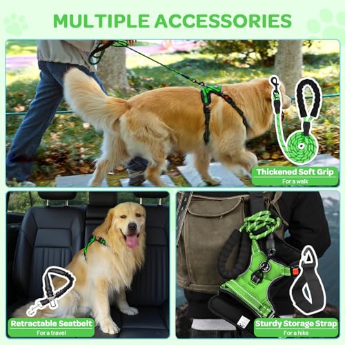 FURRYFECTION Plaid Dog Harness for Small Dogs - Reflective No Pull Vest with Front Clip and Leash (Green, S)