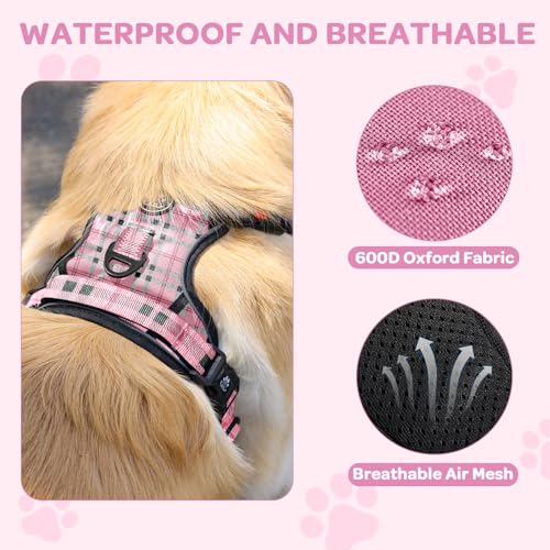 FURRYFECTION Plaid Large Dog Harness – Reflective No Pull Vest with Leash and Seat Belt, Pink & Black