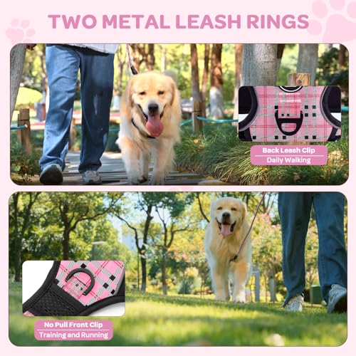 FURRYFECTION Plaid Large Dog Harness – Reflective No Pull Vest with Leash and Seat Belt, Pink & Black