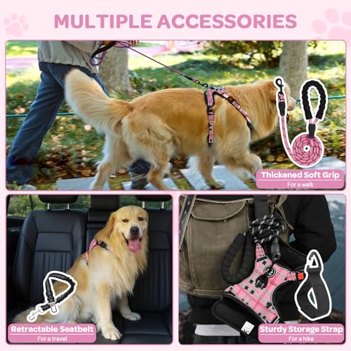 FURRYFECTION Plaid Large Dog Harness – Reflective No Pull Vest with Leash and Seat Belt, Pink & Black