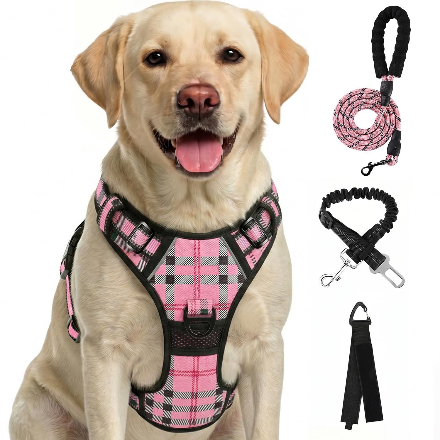 FURRYFECTION Plaid Large Dog Harness – Reflective No Pull Vest with Leash and Seat Belt, Pink & Black