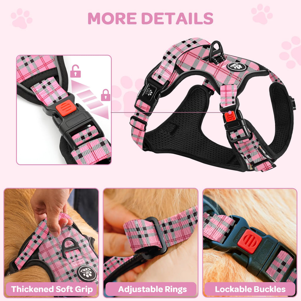 FURRYFECTION Plaid Large Dog Harness – Reflective No Pull Vest with Leash and Seat Belt, Pink & Black