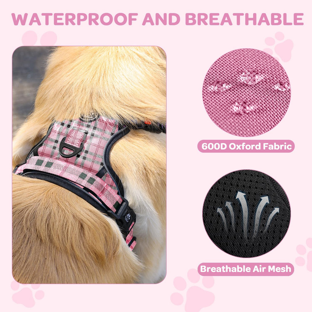 FURRYFECTION Plaid Large Dog Harness – Reflective No Pull Vest with Leash and Seat Belt, Pink & Black