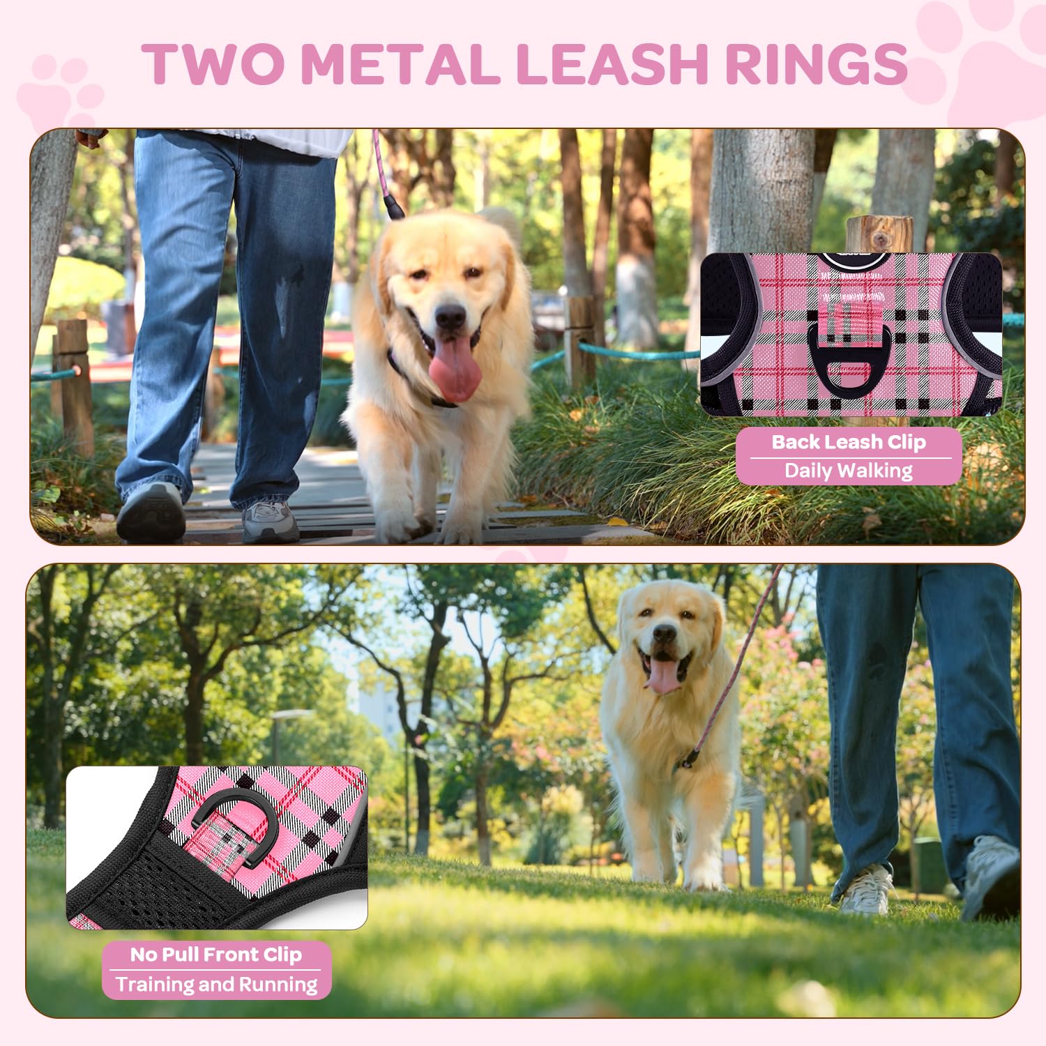 FURRYFECTION Plaid Large Dog Harness – Reflective No Pull Vest with Leash and Seat Belt, Pink & Black