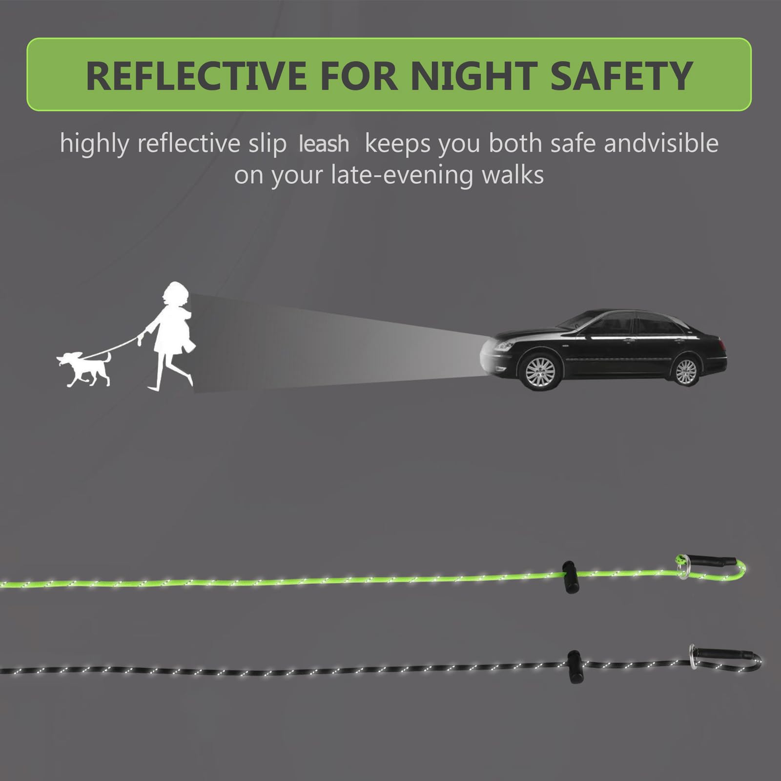 FURSDOLY Reflective Slip Lead Leash Set – 4.3mm Paracord, 1000lb Pull Force, 4 FT (Black & Neon Green)