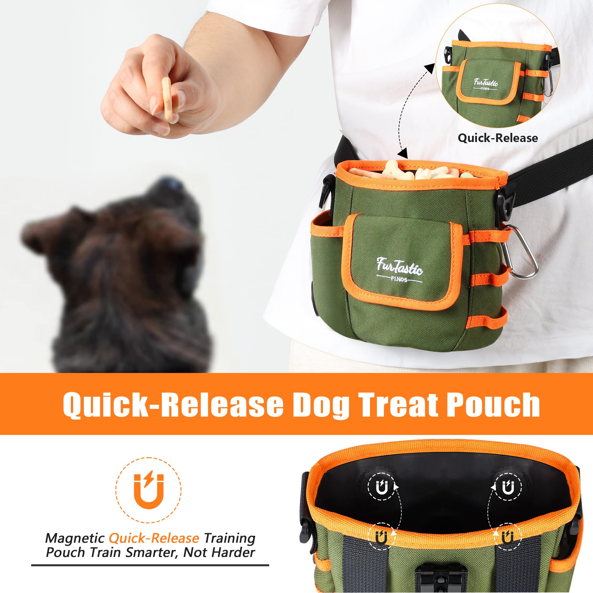 FurtasticFinds Dog Treat Pouch - Green, Magnetic Quick-Release, 900D Waterproof, 3-Way Wear for Training and Walks