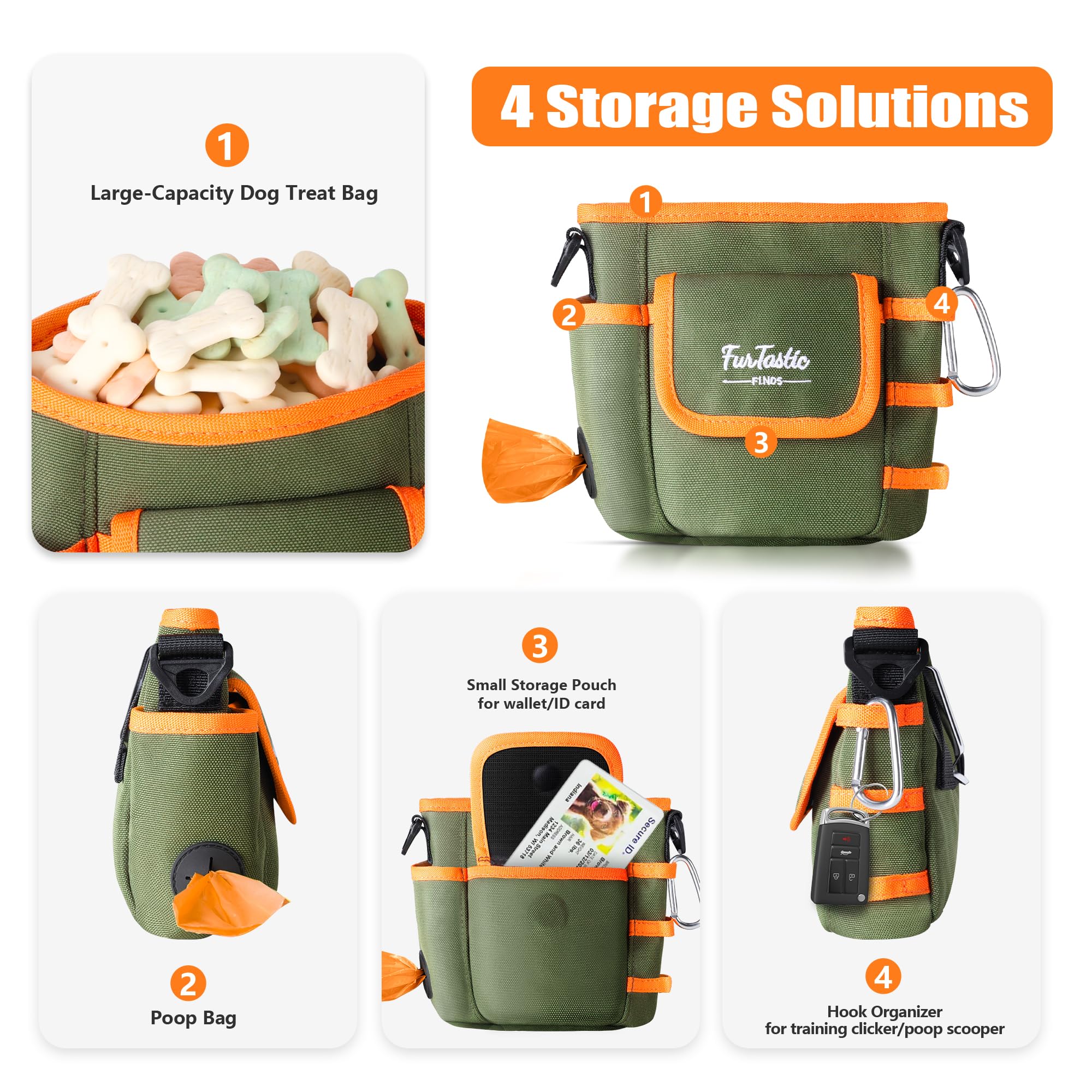 FurtasticFinds Dog Treat Pouch - Green, Magnetic Quick-Release, 900D Waterproof, 3-Way Wear for Training and Walks