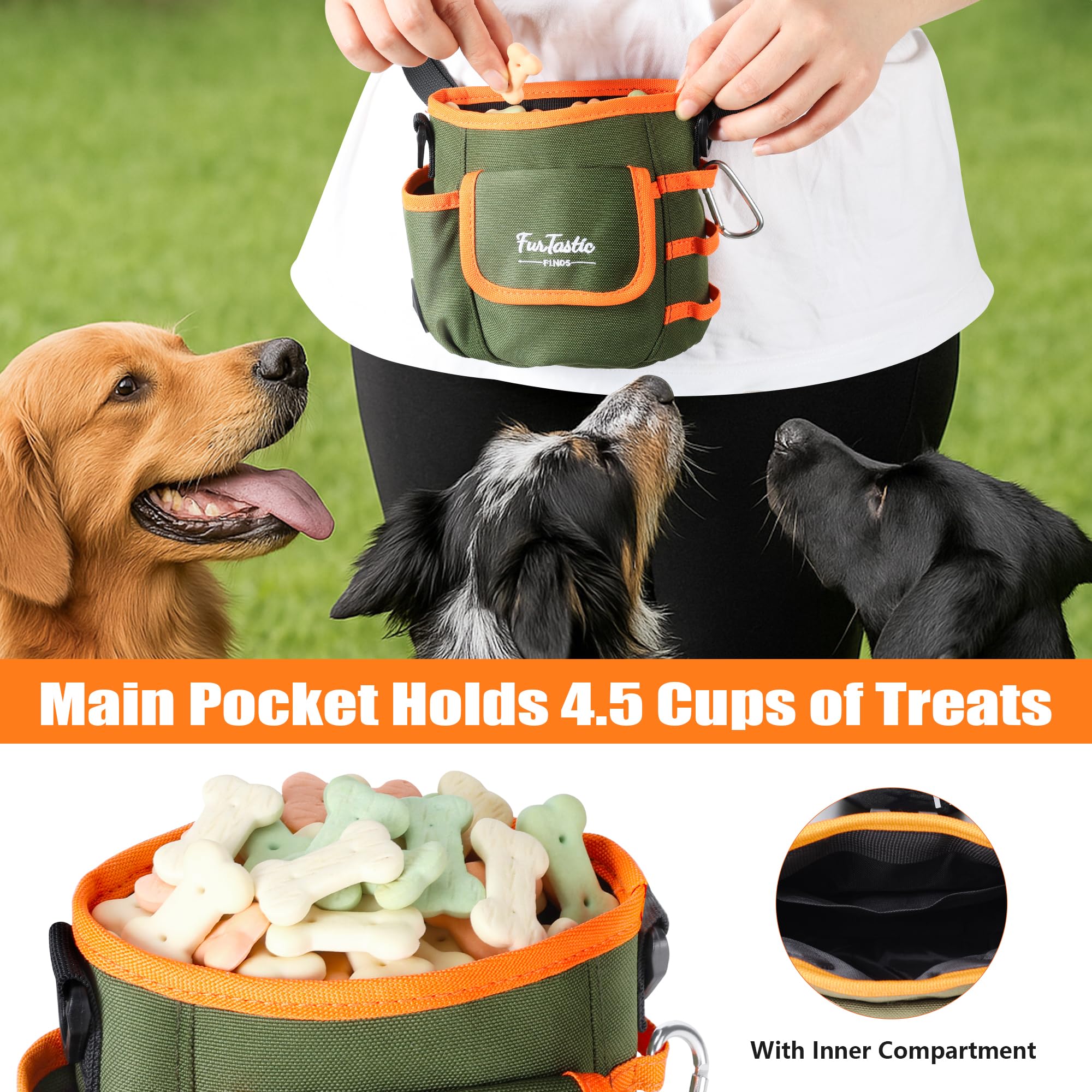 FurtasticFinds Dog Treat Pouch - Green, Magnetic Quick-Release, 900D Waterproof, 3-Way Wear for Training and Walks