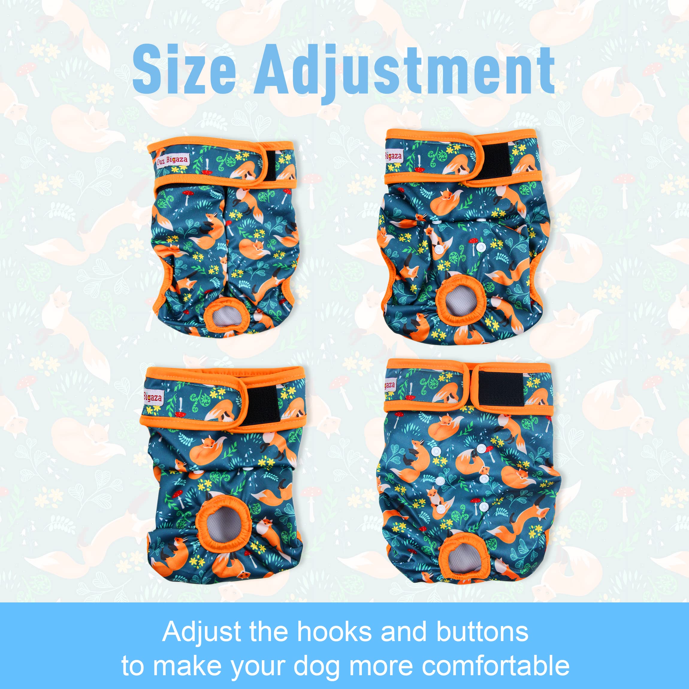 Fuz Bigaza Washable Dog Diapers 3 Pack - Reusable Female Dog Diapers for Heat, Medium (Giraffe, Tucan, Fox)