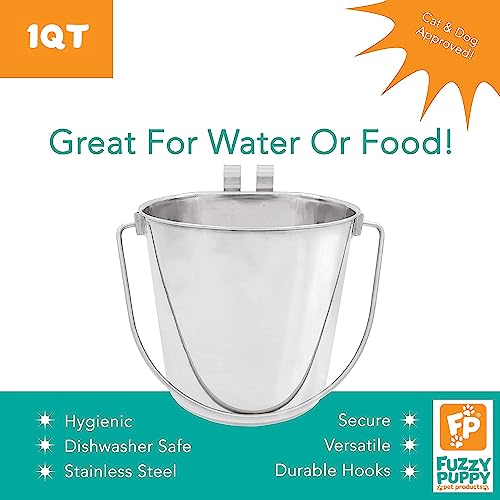 Fuzzy Puppy Flat Sided Pail 1 Quart – Stainless Steel Kennel Bucket with Hooks