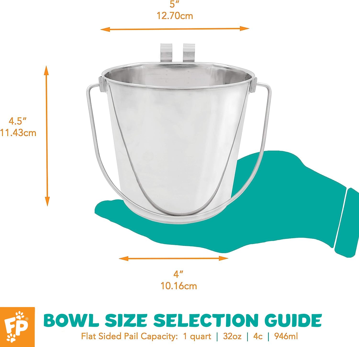 Fuzzy Puppy Flat Sided Pail 1 Quart – Stainless Steel Kennel Bucket with Hooks