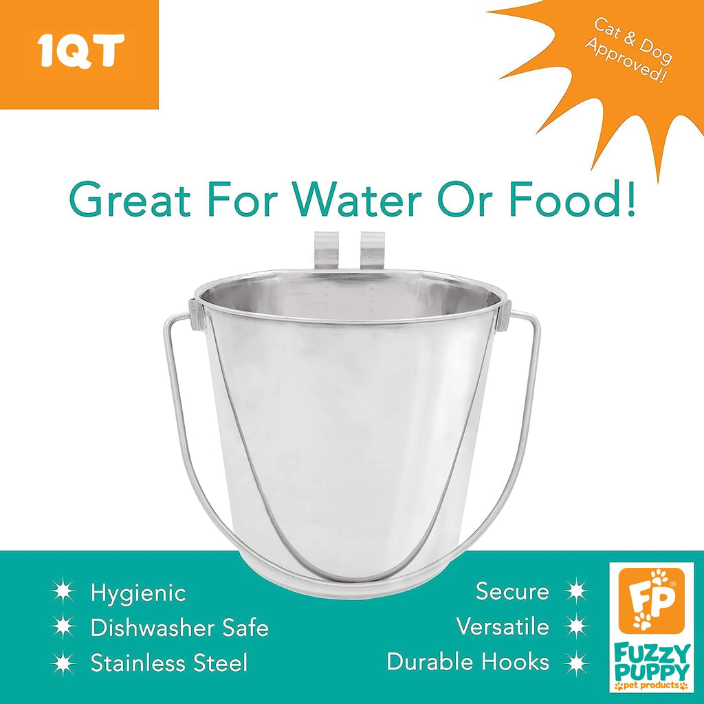 Fuzzy Puppy Flat Sided Pail 1 Quart – Stainless Steel Kennel Bucket with Hooks