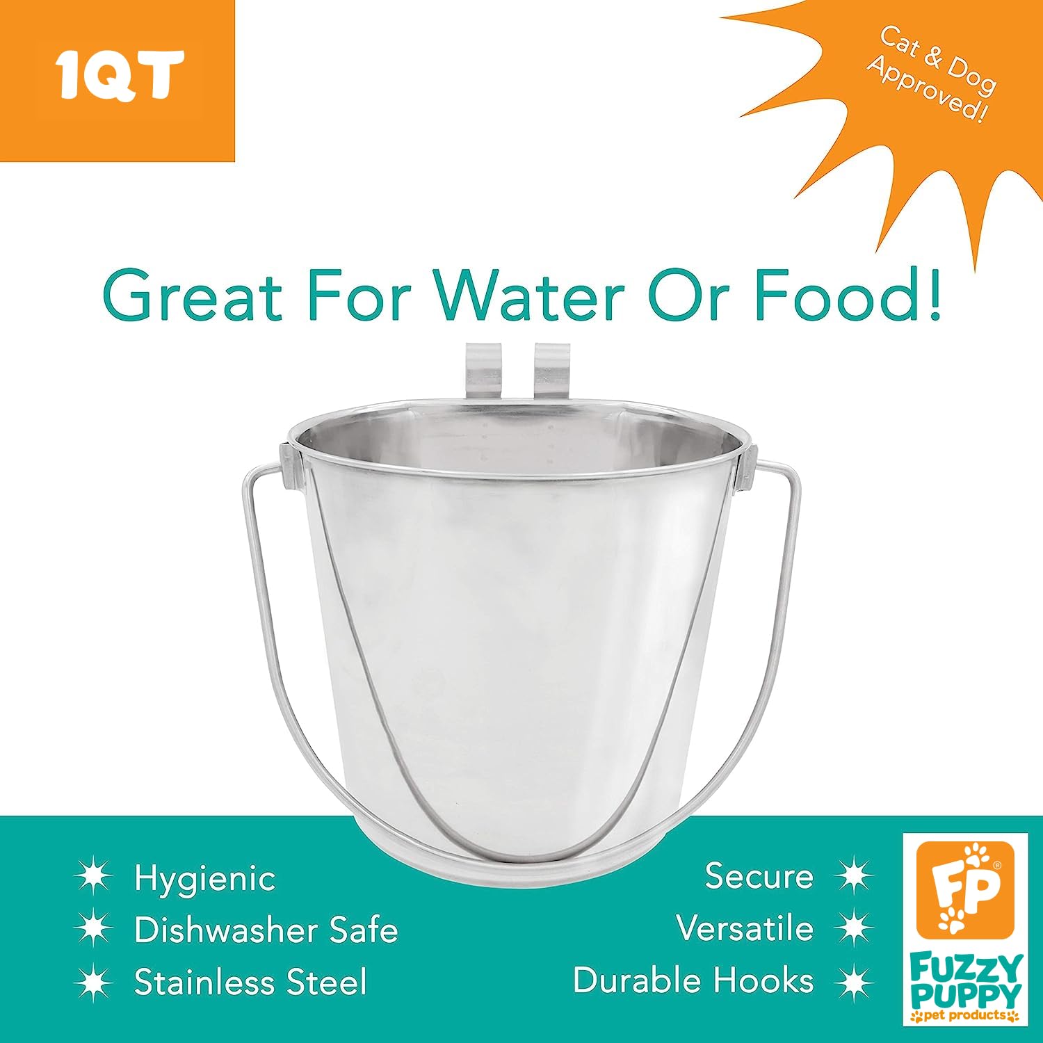 Fuzzy Puppy Flat Sided Pail 1 Quart – Stainless Steel Kennel Bucket with Hooks