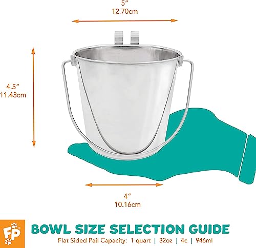 Fuzzy Puppy Flat Sided Pail 1 Quart – Stainless Steel Kennel Bucket with Hooks
