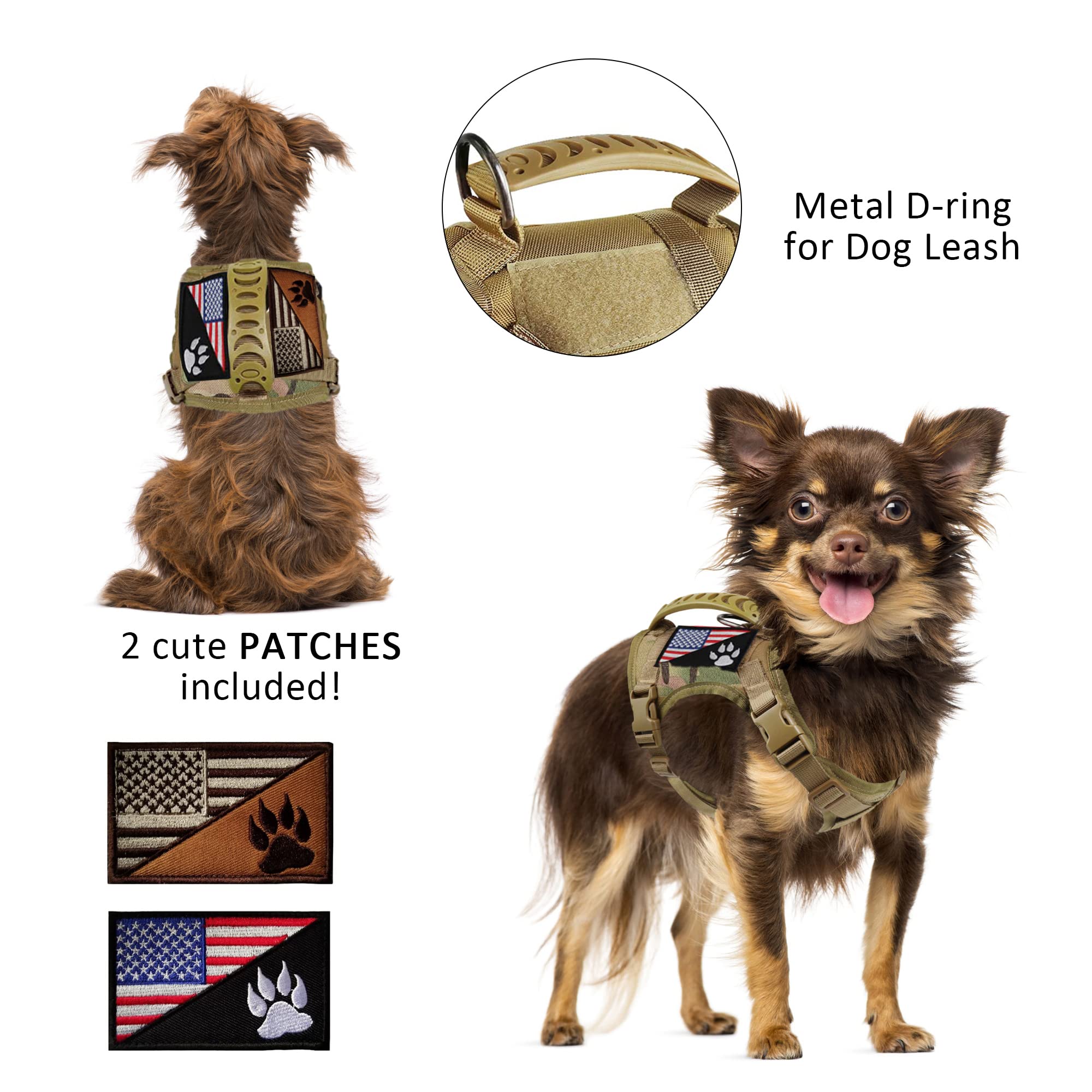 FXGOING Camouflage Tactical Dog Harness XS with Handle, Front Clip, and Patches