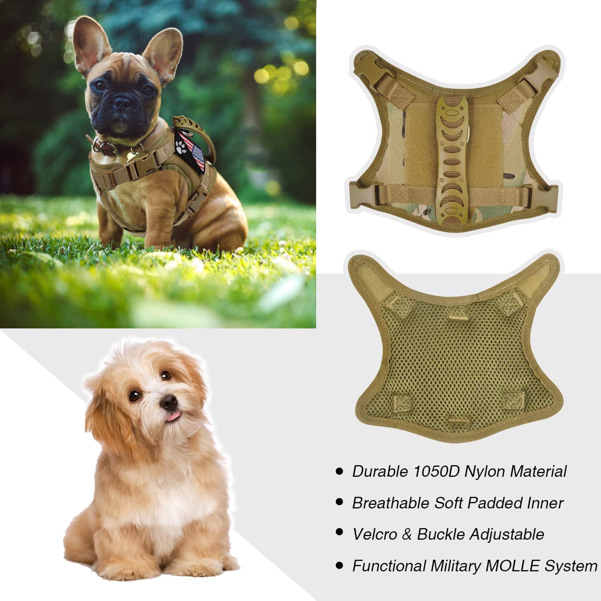 FXGOING Camouflage Tactical Dog Harness XS with Handle, Front Clip, and Patches