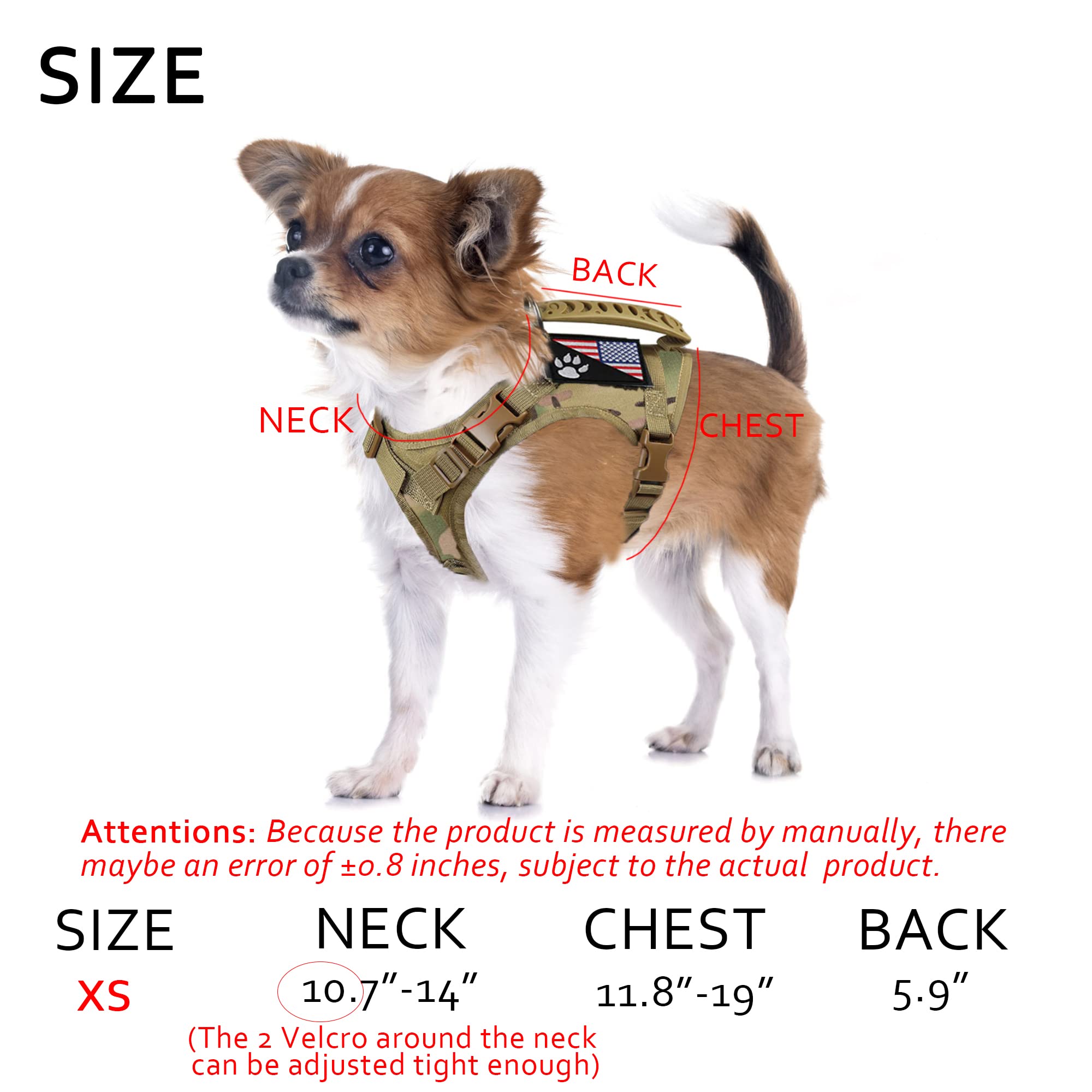 FXGOING Camouflage Tactical Dog Harness XS with Handle, Front Clip, and Patches