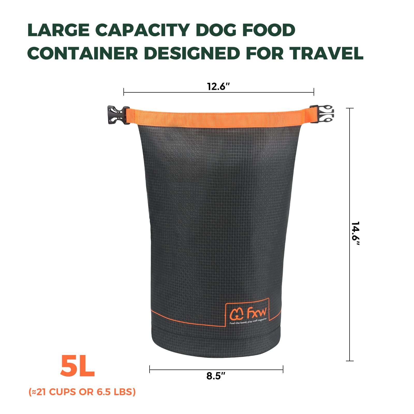 FXW Dog Food Travel Bag - Large Capacity Collapsible Kibble Storage (21 Cup) for RV Camping Road Trips - Gray