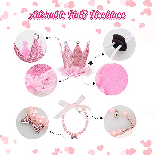 GAGILAND Pink Dog Tutu Birthday Outfit for Small Medium Dogs - Includes Hat, Necklace, Bowtie Hairpin (24-31 inch Waist)