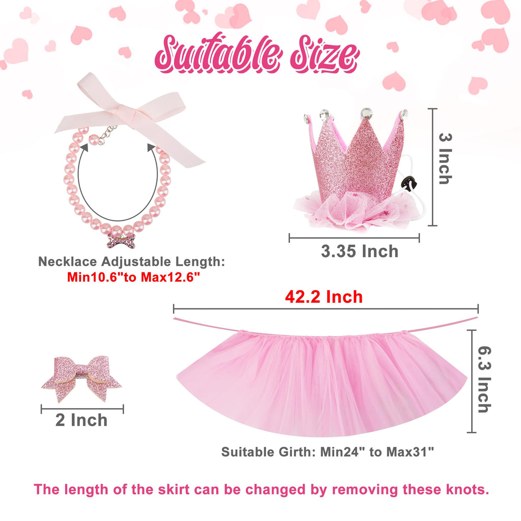 GAGILAND Pink Dog Tutu Birthday Outfit for Small Medium Dogs - Includes Hat, Necklace, Bowtie Hairpin (24-31 inch Waist)