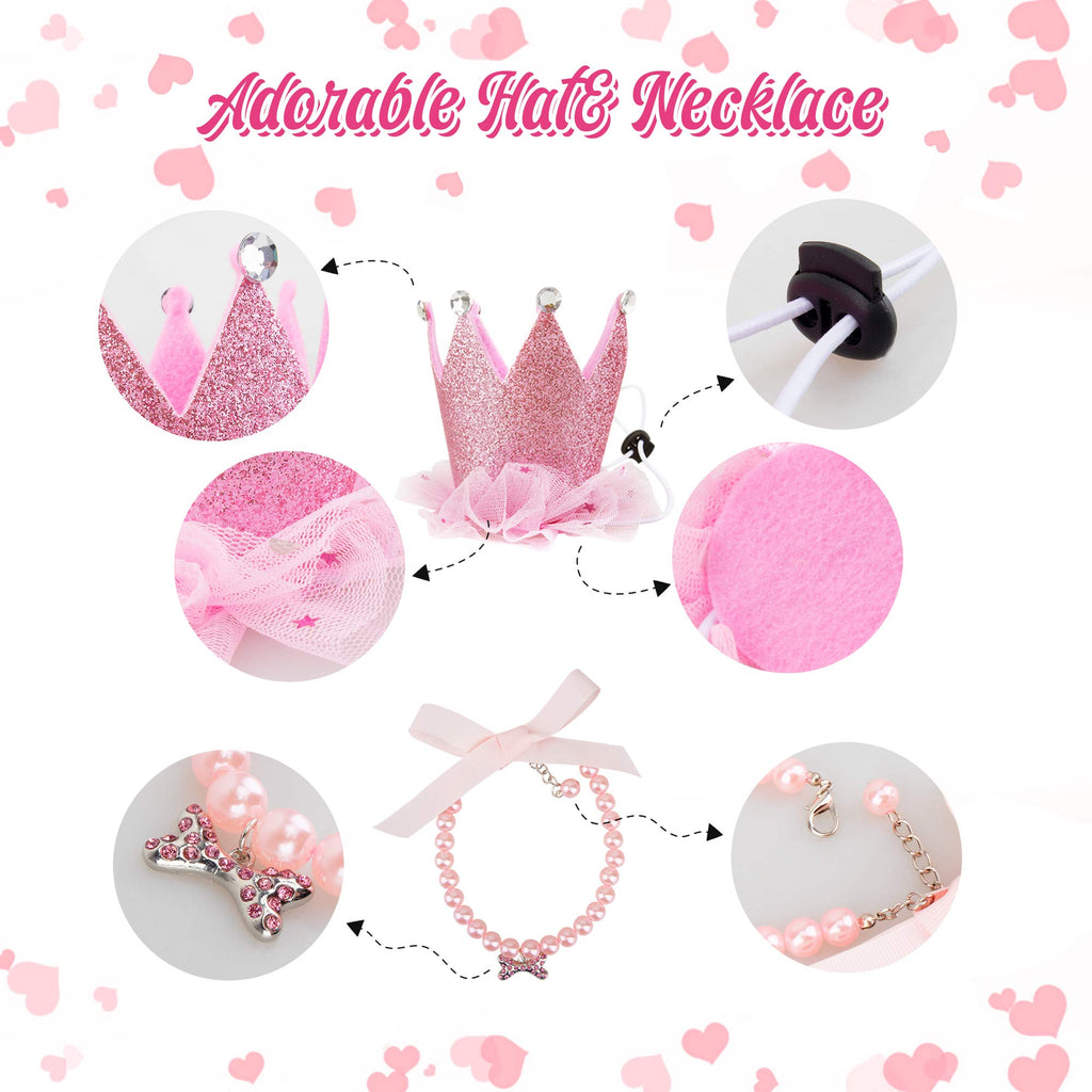GAGILAND Pink Dog Tutu Birthday Outfit for Small Medium Dogs - Includes Hat, Necklace, Bowtie Hairpin (24-31 inch Waist)