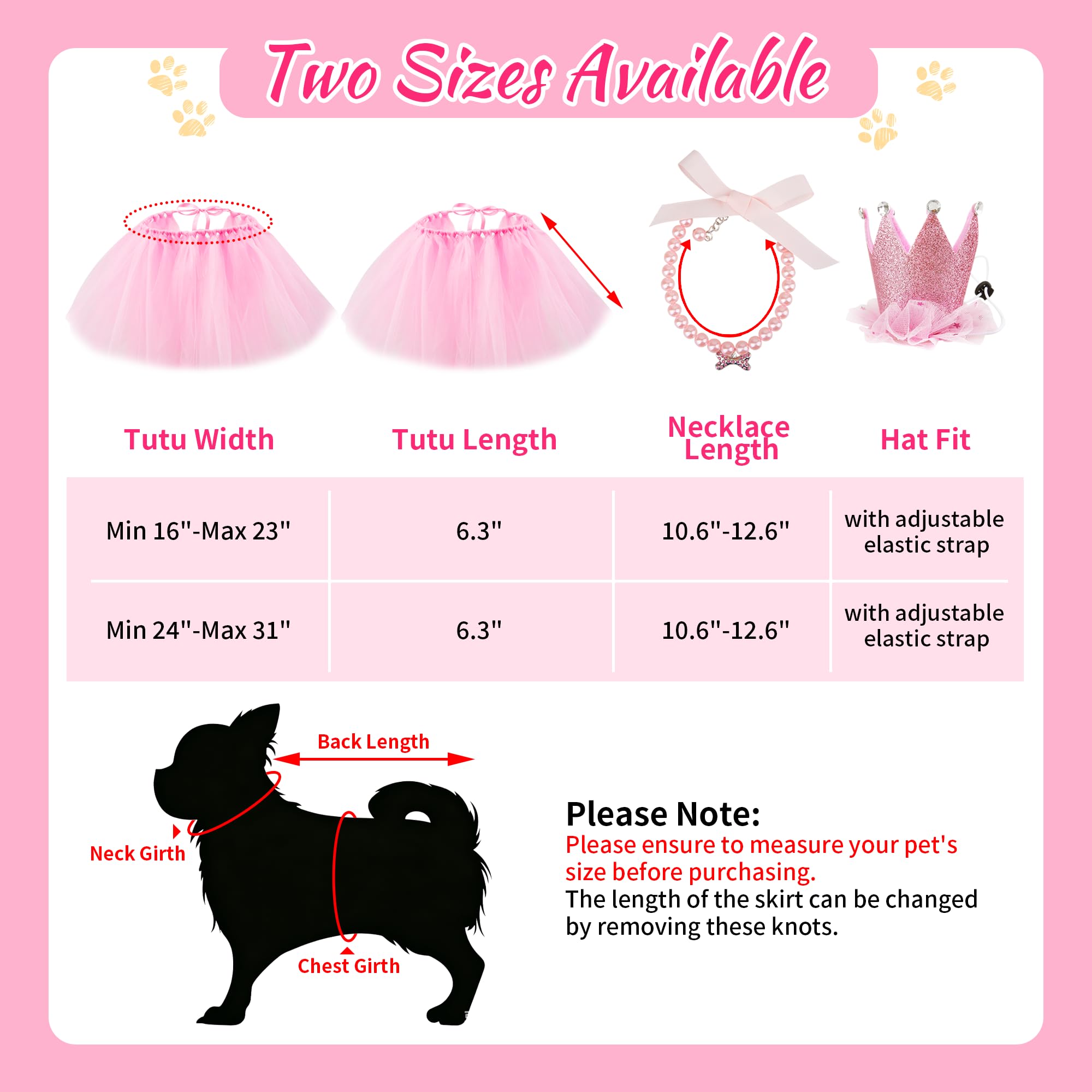 GAGILAND Pink Dog Tutu Birthday Outfit for Small Medium Dogs - Includes Hat, Necklace, Bowtie Hairpin (24-31 inch Waist)