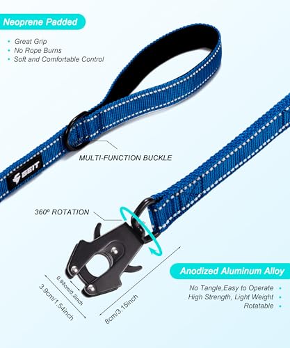 GEIT Heavy Duty Dog Leash 5FT with Dual Padded Handles, Reflective Rope, 700lb Locking Frog Clip for Small to Large Dogs, Blue