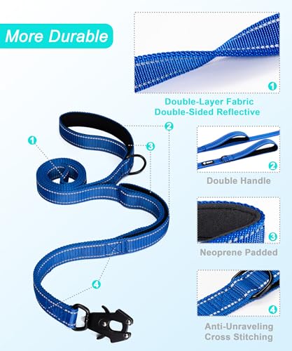 GEIT Heavy Duty Dog Leash 5FT with Dual Padded Handles, Reflective Rope, 700lb Locking Frog Clip for Small to Large Dogs, Blue