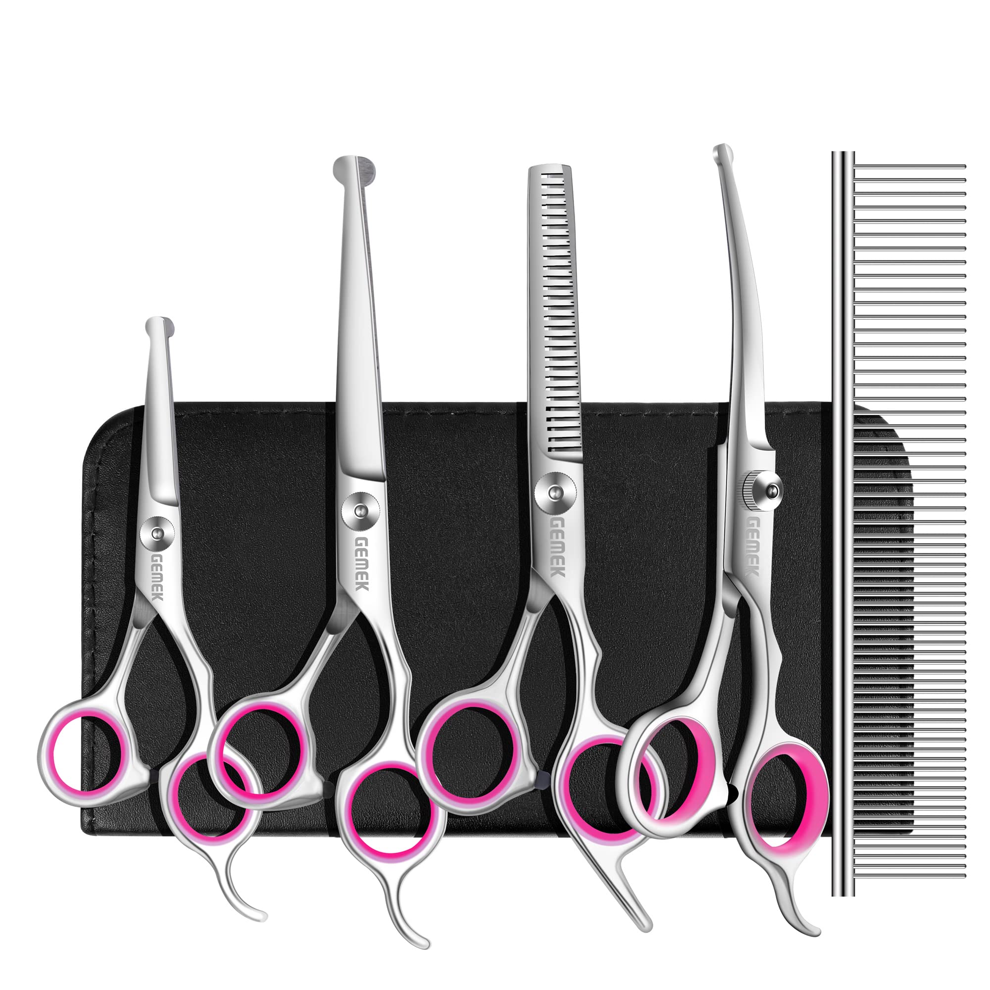 GEMEK 5-Piece Dog Grooming Scissors Set - 4CR Stainless Steel Round Tip Safety Shears Kit for Dogs Cats