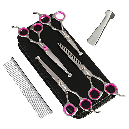 GEMEK 5-Piece Dog Grooming Scissors Set - 4CR Stainless Steel Round Tip Safety Shears Kit for Dogs Cats