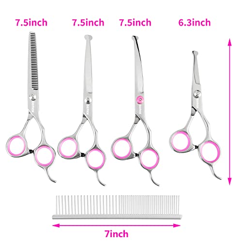 GEMEK 5-Piece Dog Grooming Scissors Set - 4CR Stainless Steel Round Tip Safety Shears Kit for Dogs Cats