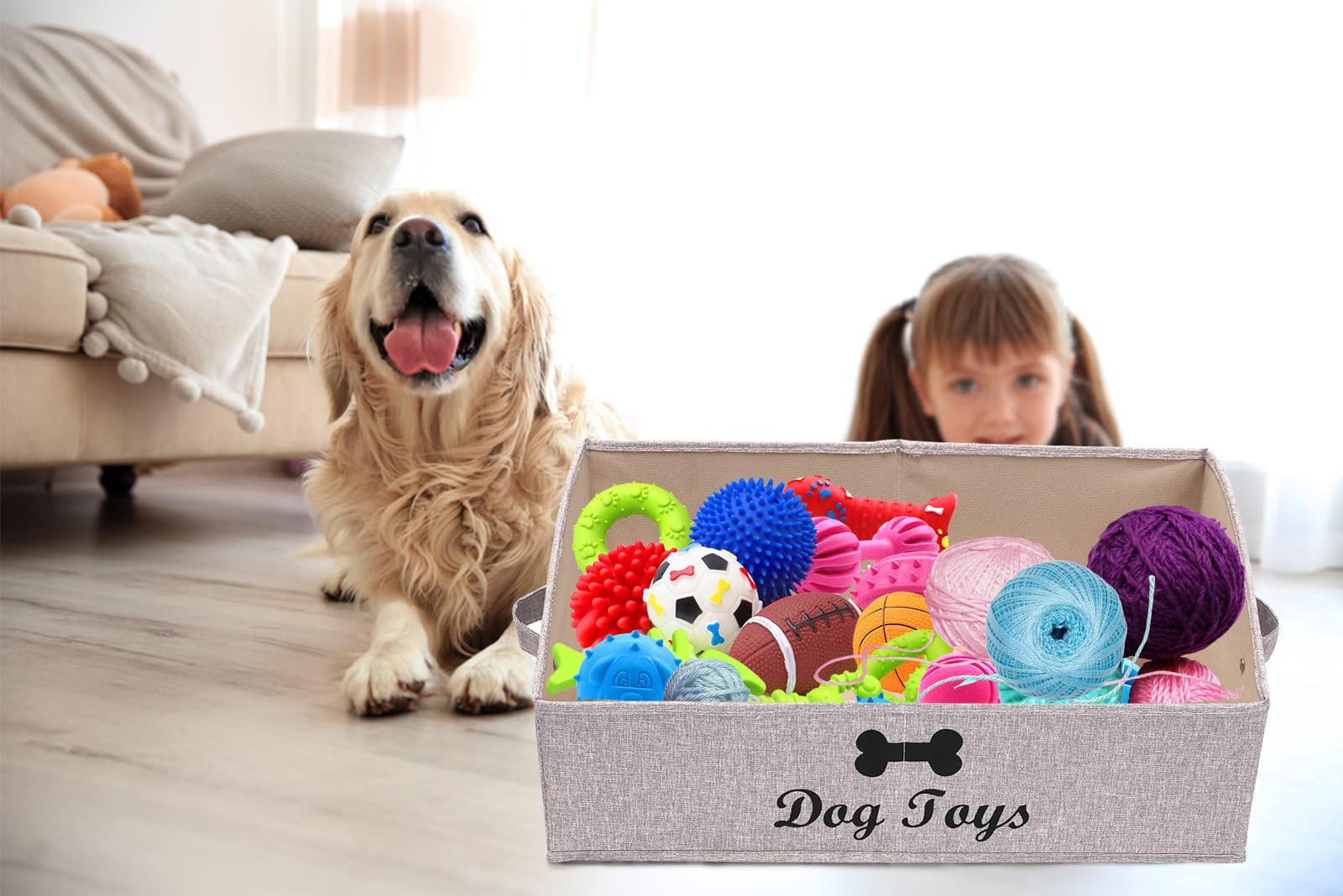 Geyecete Foldable Trapezoid Storage Basket - Collapsible Dog Toy Box, Light Brown, 19.7x11.2x8.3 Inches