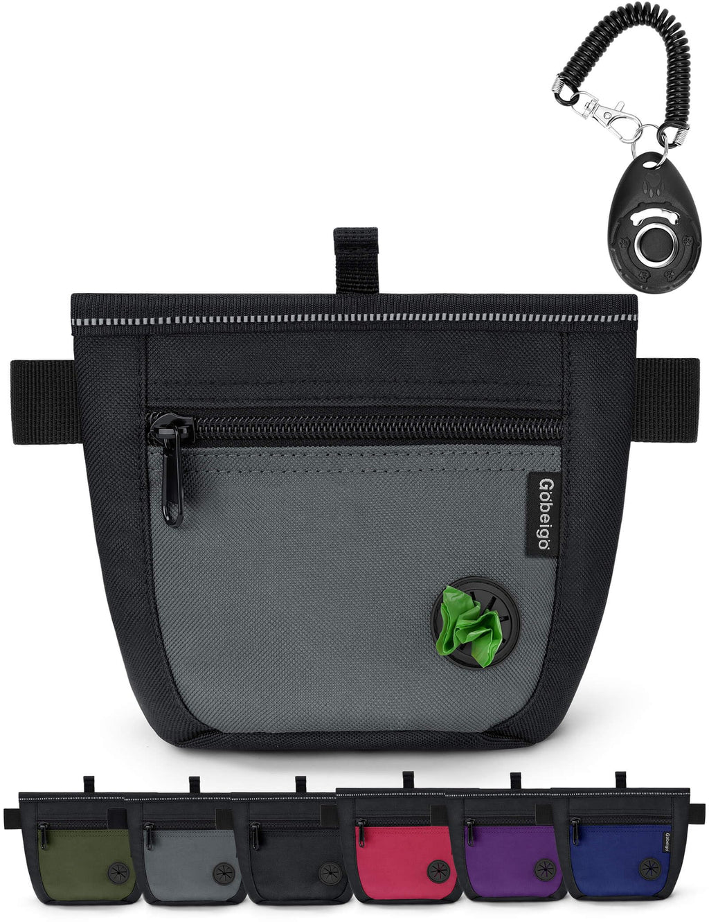 Gobeigo Dog Treat Pouch and Training Clicker – Two Magnetic Closures, 2-Cup Capacity, Poop Bag Dispenser, Adjustable Waist Belt & Metal Clip (Black/Gray)