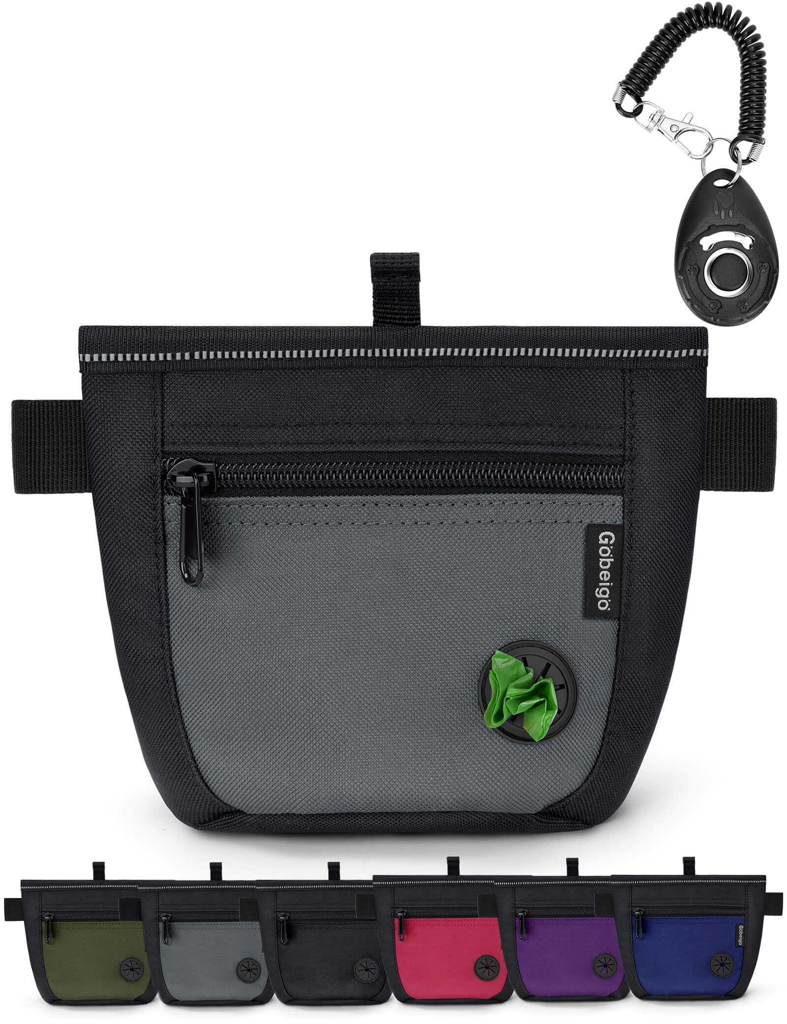 Gobeigo Dog Treat Pouch and Training Clicker – Two Magnetic Closures, 2-Cup Capacity, Poop Bag Dispenser, Adjustable Waist Belt & Metal Clip (Black/Gray)