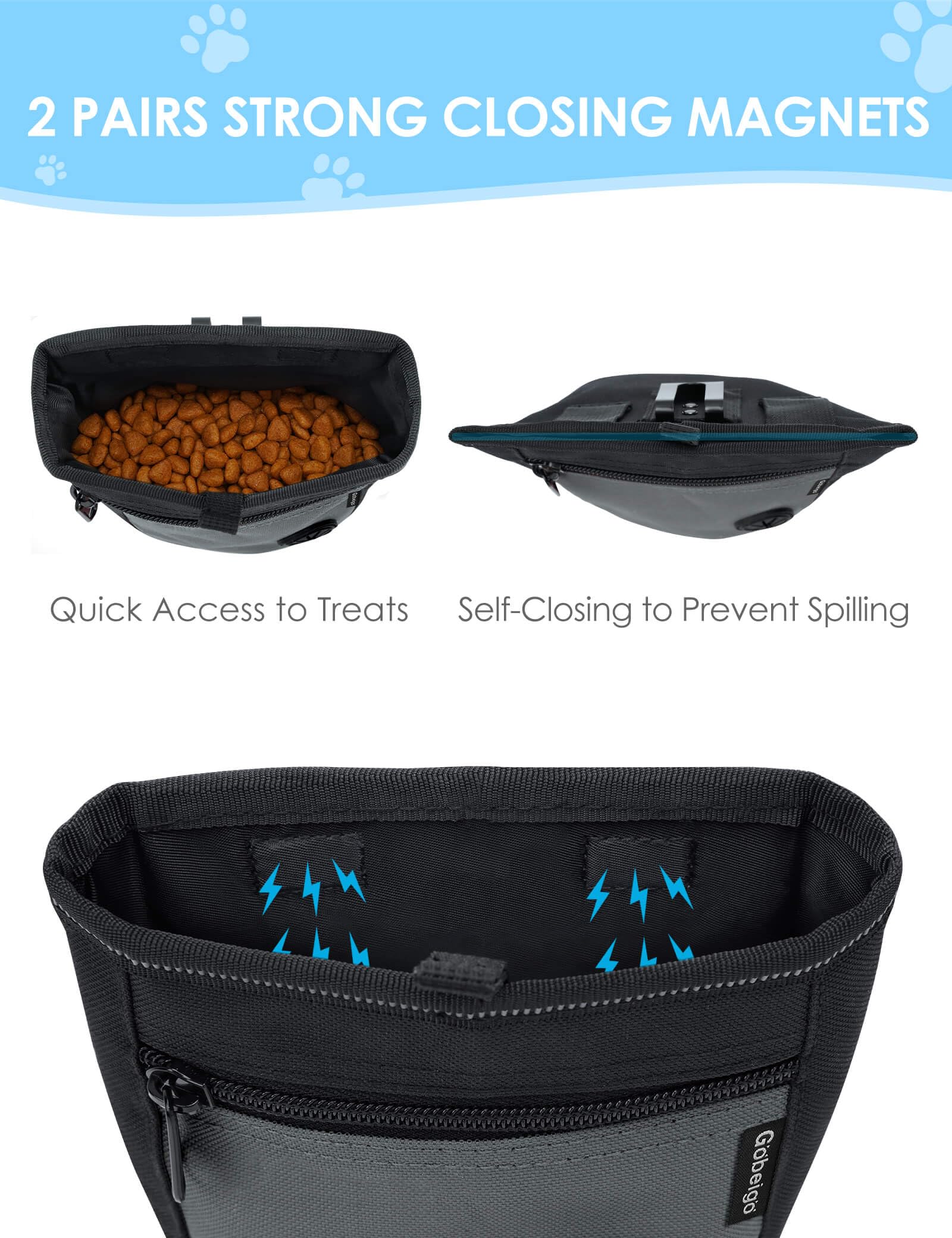 Gobeigo Dog Treat Pouch and Training Clicker – Two Magnetic Closures, 2-Cup Capacity, Poop Bag Dispenser, Adjustable Waist Belt & Metal Clip (Black/Gray)