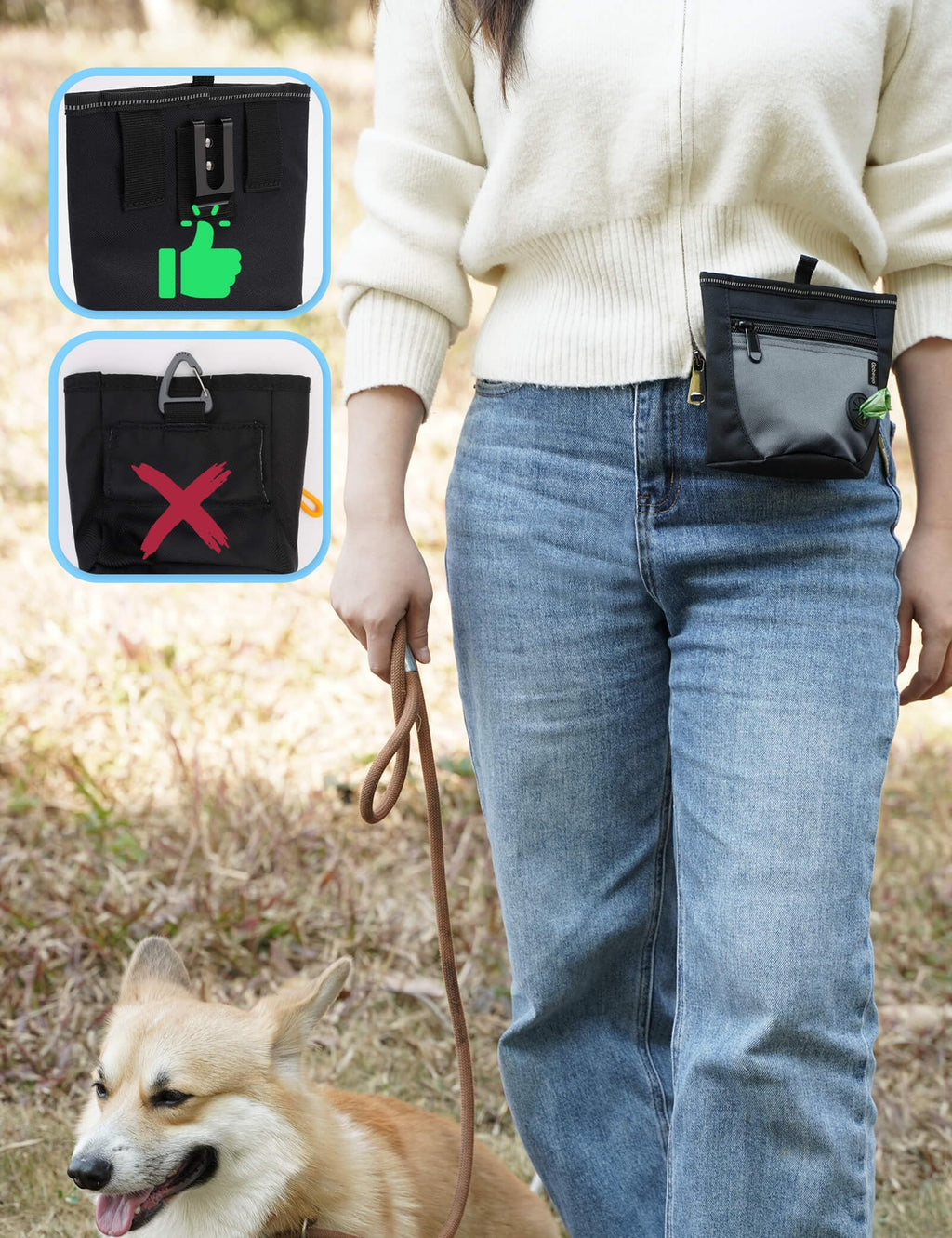 Gobeigo Dog Treat Pouch and Training Clicker – Two Magnetic Closures, 2-Cup Capacity, Poop Bag Dispenser, Adjustable Waist Belt & Metal Clip (Black/Gray)